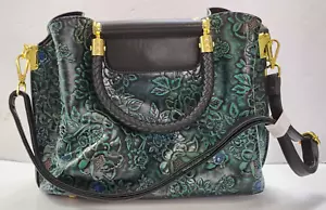 NWOT Luxibaobei Handbag Purse Satchel Floral Embossed Faux Leather Green Teal - Picture 1 of 21