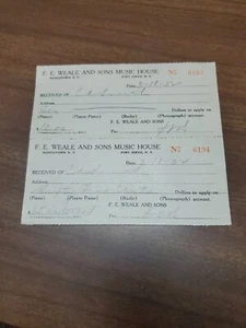1932 Receipts. F.E. Weale And Sons Music House Port Jervis NY Middletown Piano - Picture 1 of 7