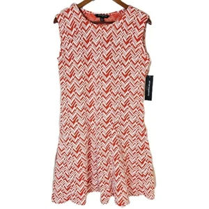 Sharagano Chevron Fit and Flare Dress Women's 10 Orange Stretch Mod Retro Summer - Picture 1 of 7