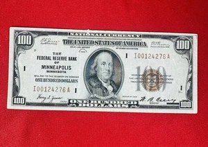 $100 1929 Minneapolis Minnesota National Currency Federal Reserve Bank Note Bill - Picture 1 of 7