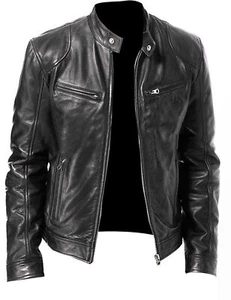 Cafe Racer Biker Leather Jacket  Black & Brown Soft Sheep Skin Leather  - Picture 1 of 11