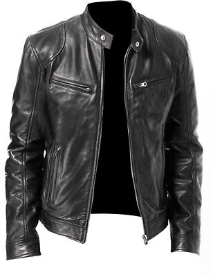 Cafe Racer Biker Leather Jacket  Black & Brown Soft Sheep Skin Leather  - Image 1 of 4