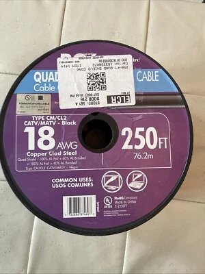 250-ft Roll, 18AWG, RG6 Quad Shield Black Coaxial Cable - Image 1 of 2