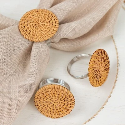 4 Natural 2 in Round Woven Rattan Design Metal NAPKIN RINGS Party Decorations - Image 1 of 4