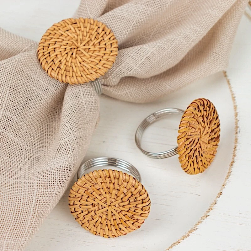 4 Natural 2 in Round Woven Rattan Design Metal NAPKIN RINGS Party Decorations - Image 1 of 4