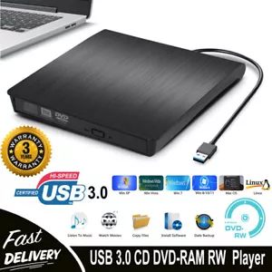 Slim External USB 3.0 CD DVD Drive Disc Player Burner Writer For Laptop PC Mac - Picture 1 of 12