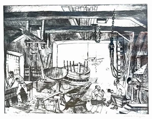 VINTAGE 1940's "THE OLD BOAT WORKS" BY LIONEL BARRYMORE TALIO-CROME ART PRINT - Bild 1 von 3