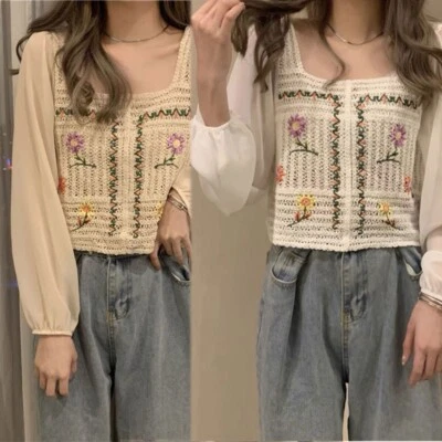 Women Chiffon Puff Sleeve Shirt Square Neck Floral Embroidery Crochet Knit Top - Image 1 of 4