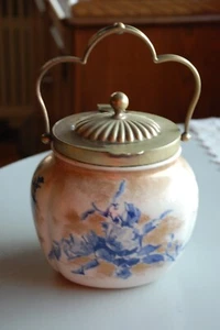 Blue & Gold Doulton Burslem Biscuit Barrel Cookie Jar, Metal Hinged Lid Handle - Picture 1 of 10