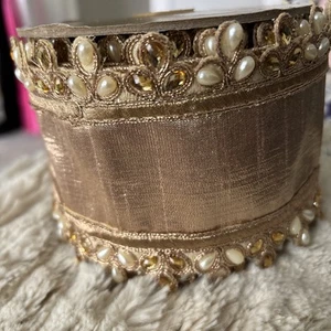 Verzierte Perle Kristall Faux Rohseide verdrahtet Metallic Rose Gold Band 3,5" x 4 Yd - Bild 1 von 4