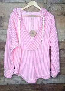 Bibi Women’s Hoodie Barbie Pink Lightweight Stripes Plunge Neckline Girlie NWT - Picture 1 of 4