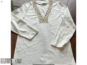 Rafaelle Ladies S Ivory ¾ Sleeve Pullover Top With Gold & Pearl Accents beads - Picture 1 of 5