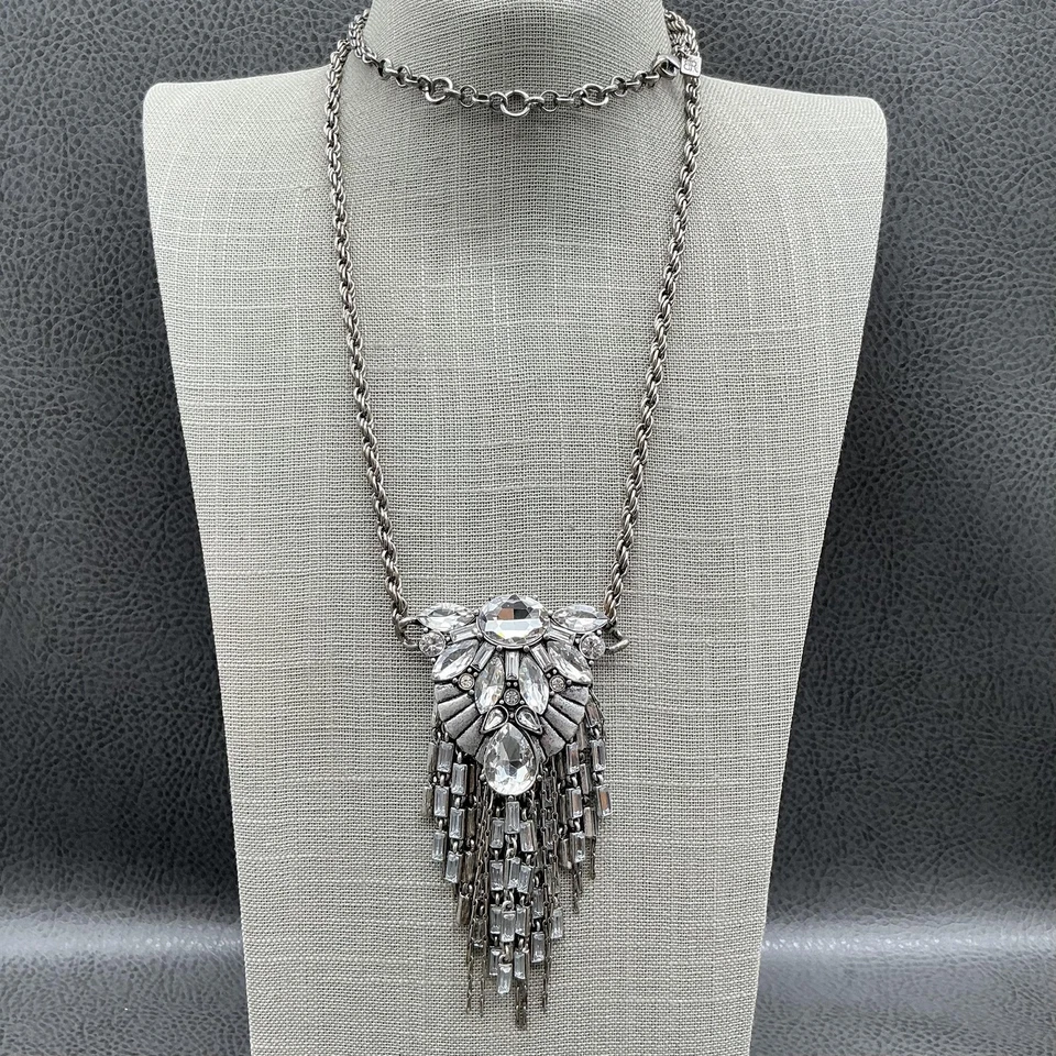 Banana Republic Statement Necklace Crystal Rhinestone Bib Chandelier Silver Tone - Image 1 of 4