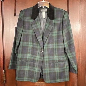Blazer Petite vintage misto lana donna 10 verde blu a quadri nero colletto velluto - Foto 1 di 13