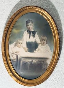 Antique Bubble Glass Framed PAIR of Photos Parents And Children Photos 22.5"x16" - Picture 1 of 8