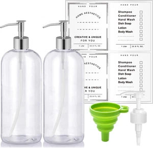 Refillable 32Oz Dispenser Plastic Bottle 2Pack with Steel Pumps, 1 Liter Crystal - Picture 1 of 11