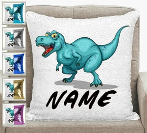 Personalised Dinosaur Magic Sequin Mermaid Cushion Cover 5 Colour Choices - Picture 1 of 11