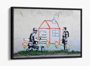 BANKSY CRAYON EVICTION -DEEP FLOATER/FLOAT EFFECT FRAMED CANVAS WALL ART PRINT - Picture 1 of 12