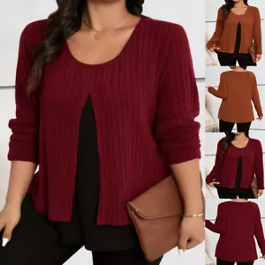 Plus Size Women Ribbed Double Layer Tunic Tops Winter Long Sleeve T Shirt Blouse - Picture 1 of 17