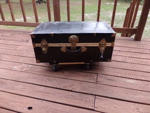 Vintage Black Metal Steamer /Travel Trunk With Original Key For Lock Cover