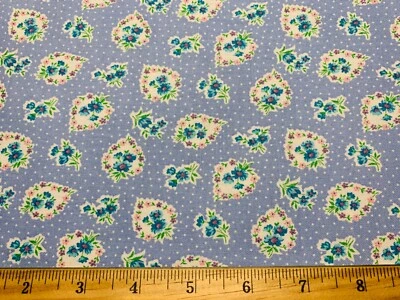 1 FQ Darlene Zimmerman? CHANTECLAIRE Blue Floral Hearts  30s Repro Cotton Fabric - Image 1 of 4