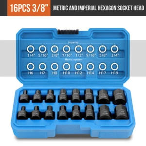 16PCS 3/8" Drive Impact Hex Bit Socket Set Hexagon Allen Key H6-H19 Tools Kit - Picture 1 of 6