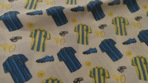 100% cotton fabric blue cup and team boots balls goals 22x18ins - Picture 1 of 3