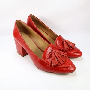 Tory Burch Kira Embossed Leather Red Tasseled Pumps Women Sz 7.5 Gold Charm - Picture 1 of 9
