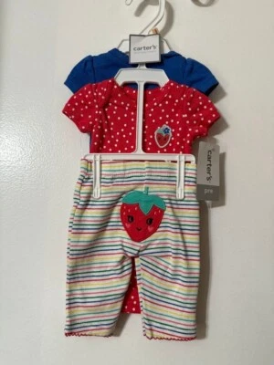 JUEGO PANTALÓN 3 PIEZAS CARTER'S NIÑAS CONJUNTO MULTICOLOR LINDO NUEVO CON ETIQUETAS FRESAS PREMATURO Foto 1 de 2