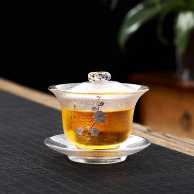 200 ml transparente Gaiwan vidrio tureen relieve floral estampado tazón cubierto taza platillo estera Foto 1 de 4
