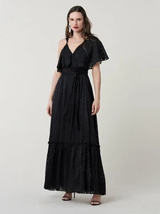 Diane von Fürstenberg Ella gerüschtes Maxi-Halstuchkleid Größe Medium schwarz DVF $ 798 - Bild 1 von 3