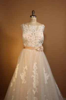 Vestido de novia Alfred Angelo, estilo vestido de baile, rosa, detalles de encaje, tren Foto 1 de 4