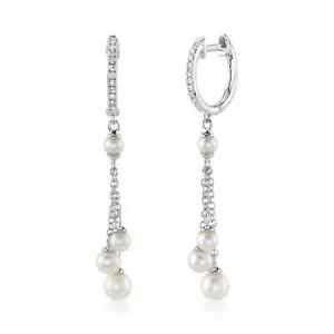 14K White Gold Diamond Cultured Pearl Earrings Drop Dangle Natural 0.07 CT