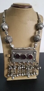 Antique Silver Yemeni Jewish Bedouin Necklace handmade with agate Stone 194 G - Picture 1 of 10