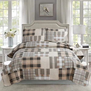 CHESITY King Size Plaid Quilt Set 3-Piece Brown Bedspread Set Reversible Ligh... - Picture 1 of 6