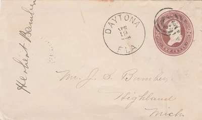 1886 Postal cover FL to Michigan, hand stamped, fancy cancel, U279 - Image 1 of 2
