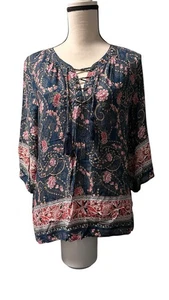 Dressbarn Damen Top Boho Blumen Hängerchen Blau 3/4 Arm Bohemian Größe L - Bild 1 von 11