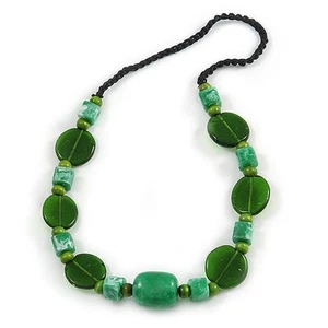 Statement Ceramic/ Wood/ Resin Bead Black Cotton Cord Necklace (Green) - 70cm L - Picture 1 of 6