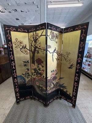 Vintage Oriental Black/Gold Chinoiserie Four Panel Screen Room Divider w/Birds - Image 1 of 4