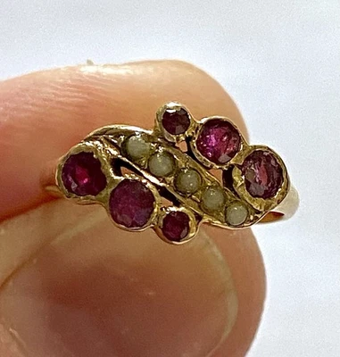 Antique Ruby And Sea Pearl 14k Gold Ring. Measures Size 4-4.25. From Early 1900s - Image 1 of 4