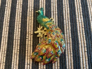Vintage large peacock pendant enamel 4" long multicolored with jewels - Picture 1 of 7
