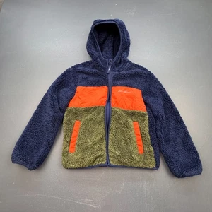 Eddie Bauer Sherpa Fleece Jacket Kids Unisex XS Navy Green Hooded Full Zip Warm - Picture 1 of 12