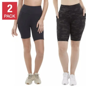 Danskin 2 High Waist Bike Shorts Black & Camo Small Women’s Side Pockets NEW - Picture 1 of 6