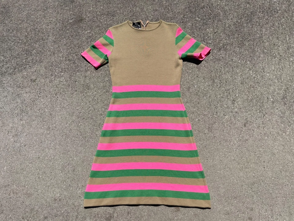 Vestido go go de lana vintage de los años 60 talla S rosa/verde a rayas mod boho hippie grunge Foto 1 de 4