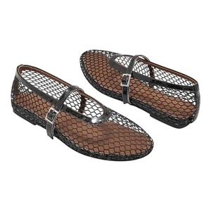 Womens Flat Black Mesh Ballet Slip On Mary Jane Casual Ballerina Fishnet black 9 - Picture 1 of 6