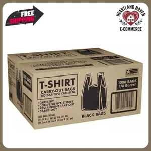 1000 Bags 1/6 Black (21 x 6.5 x 11.5) T-Shirt Plastic Grocery Shopping Bag NEW - Picture 1 of 7