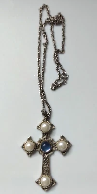 Vintage Sarah Coventry Cross Long Necklace Faux Pearls Cabochon Silver Tone - Image 1 of 4
