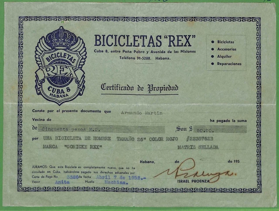 ZA1893 - HABANA - VINTAGE Certificado de Propiedad de BICICLETA REX 1952 Foto 1 de 1