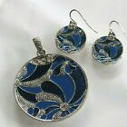 Blue Floral pattern Necklace-Pendant with matching earings