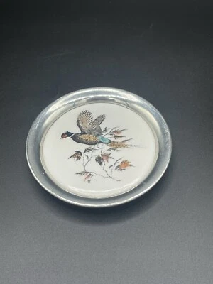 Reed & Barton Pheasant Ceramic Pewter Hand Colored Coaster 3.75” - Image 1 of 4
